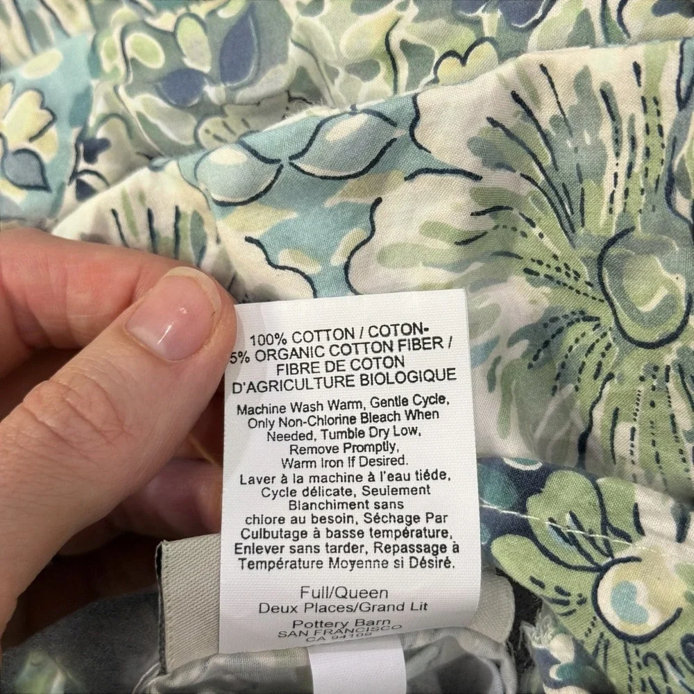 Pottery Barn Full Queen Duvet Cover Blue Green Paisley Floral Organic Cotton